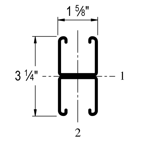 Line drawing of 1-5/8 X 3-1/4 X 20FT BK TO BK GREEN CHANNEL