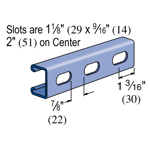 Line drawing of 1-5/8"X13/16"X10' SS ELONGATED HOLES