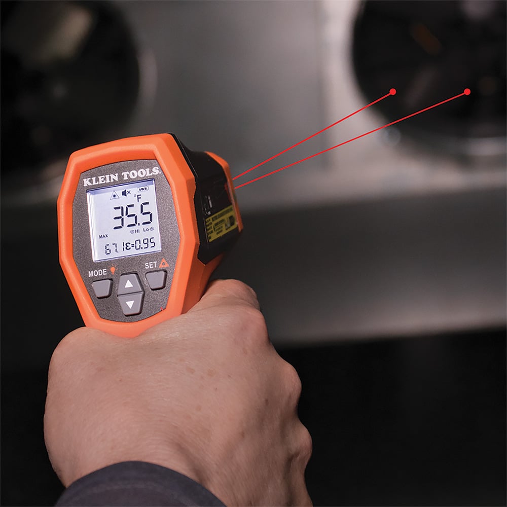 Image of DUAL-LASER INFRARED THERMOMETER 20:1 in use.